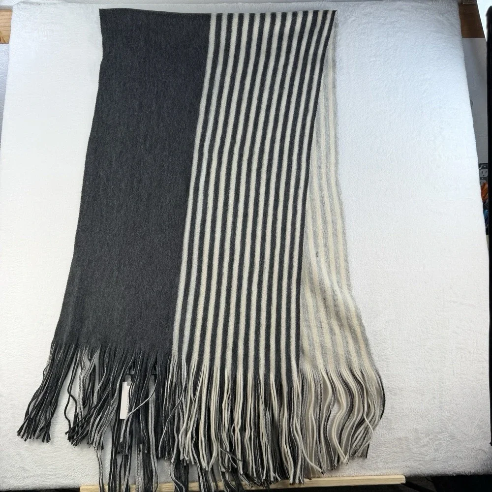 Anthropologie Long Fringed Scarf Wrap Knit Gray Striped Warm Soft Reversible NEW